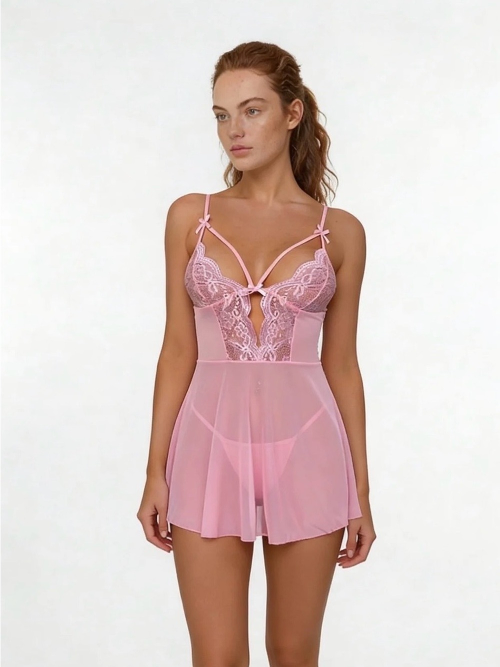 Sheer Lace Babydoll Chemise with Strappy Detail - Pink